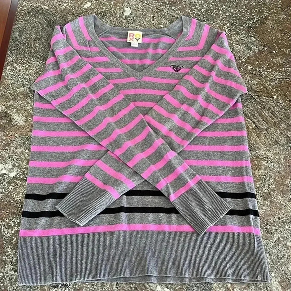 90’s Y2K ROXY Quicksilver skater striped pullover sweater gray pink surf beach L - Picture 1 of 10
